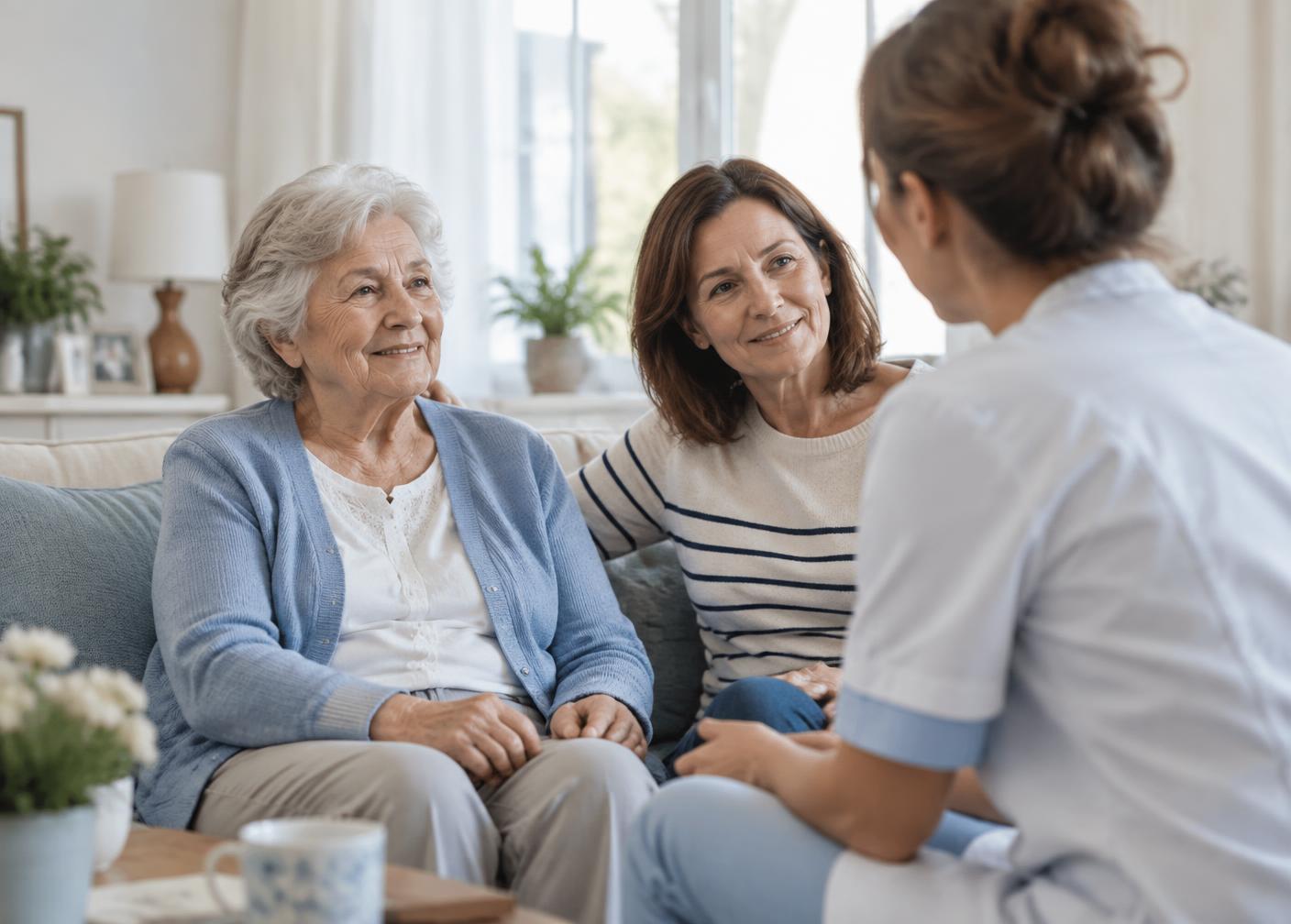 Illustration d’une professionnelle de santé échangeant avec une patiente et une proche à domicile